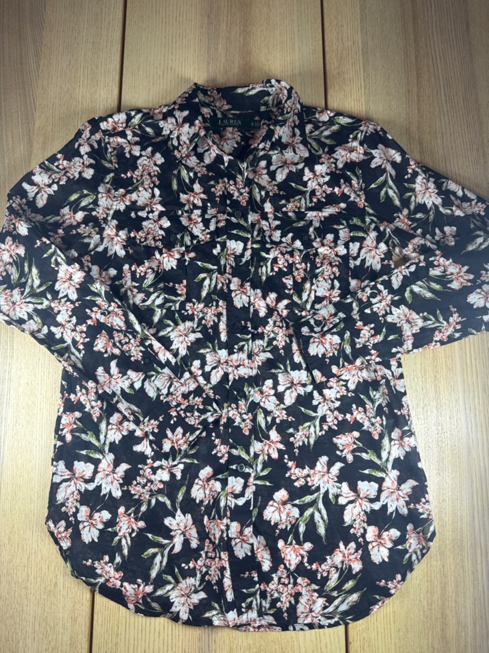 Lauren Ralph Lauren Black Floral Button-Down Shirt with Pink & Green Accents